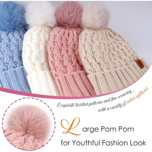 Womens Winter Fleece Lined Beanie Hat Chunky Knit Pom Pom Skull Cap Gifts - Picture 3 of 6